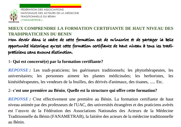 La formation certifiante de haut niveau des tradipraticiens du Bénin